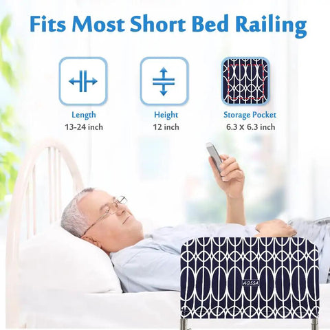 Elderly man using phone beside a bed with Bed Rail Cover For Elderly And Hospital Beds, Washable Fabric Guard With Storage Pocket.