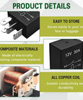 Tough As Nails 4 Pin 12V 30A Automotive Relay Pack Waterproof Switches showing copper coil and composite material details.