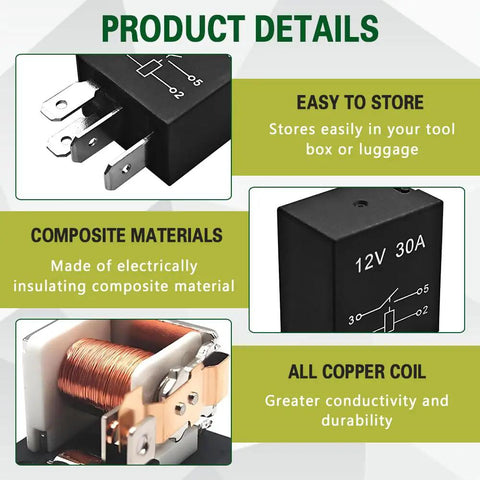 Tough As Nails 4 Pin 12V 30A Automotive Relay Pack Waterproof Switches showing copper coil and composite material details.