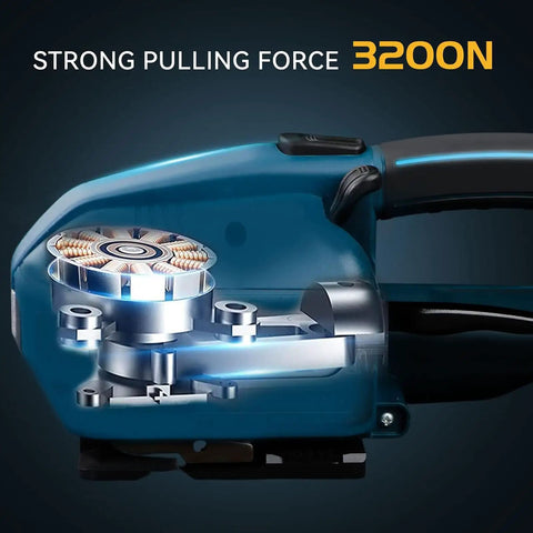 Close-up of the heavy duty electric strapping machine with strong pulling force 3200N and adjustable components.