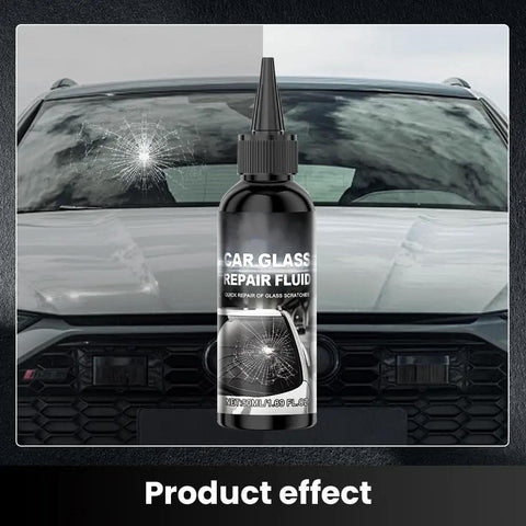 Windshield Repair Kit for DIY Fixes, Professional Auto Glass Repair Fluid with Tools for Quick Chips, Bullseye, Spiderweb Cracks, Easy, Permanent Results, 50ml Bottle shown with car windshield crack.