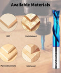 EANOSIC up-down compression router bit, 1/2 in cutting diameter, nano blue coated carbide; front view with wood samples