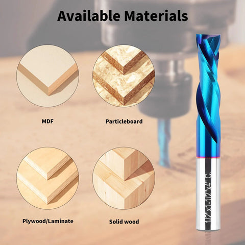 EANOSIC up-down compression router bit, 1/2 in cutting diameter, nano blue coated carbide; front view with wood samples