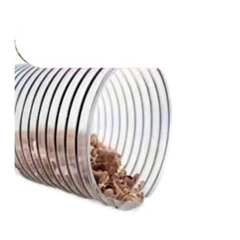 Heavy Duty Crush Proof Vacuum Hose That Delivers Serious Suction For Shop Vacuums And Dust Collectors Fifty Millimeter Clear Pvc Suction Tube Two Meters Long with sawdust inside.