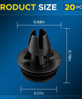 Close-up of 20Pcs Taillight Retainer Clips 68061648aa Replacement, black plastic with dimensions displayed, for Dodge Ram 1500 2007 to 2022