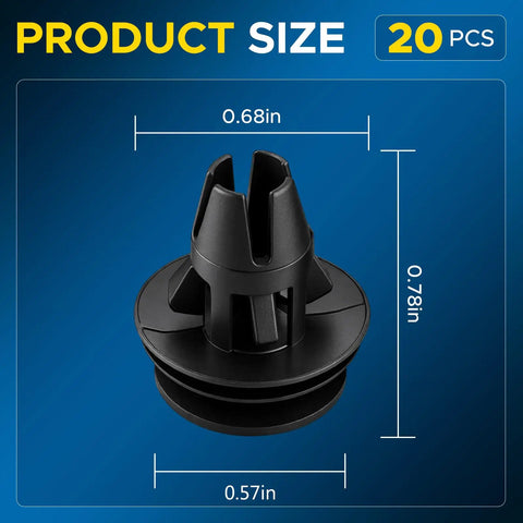 Close-up of 20Pcs Taillight Retainer Clips 68061648aa Replacement, black plastic with dimensions displayed, for Dodge Ram 1500 2007 to 2022