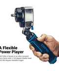 Badass Ultra Compact 3/8 Inch Flex Head Air Impact Wrench Boasting Dope 369 Foot Pounds Of Torque For Cramped Corners And Greasy Auto Repair Jobs Smooth Pneumatic Power Tool held in hand with 120-degree head.