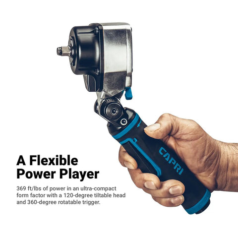 Badass Ultra Compact 3/8 Inch Flex Head Air Impact Wrench Boasting Dope 369 Foot Pounds Of Torque For Cramped Corners And Greasy Auto Repair Jobs Smooth Pneumatic Power Tool held in hand with 120-degree head.