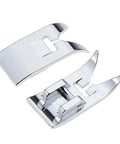 Two chrome snap-on presser feet for sewing machines (zigzag and straight stitch)