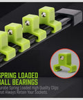 Close-up of spring-loaded clips on Heavy Duty Socket Organizer Set With Rails For One Quarter, Three Eighths, And One Half Inch Sockets