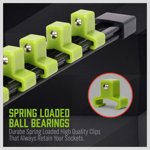 Close-up of spring-loaded clips on Heavy Duty Socket Organizer Set With Rails For One Quarter, Three Eighths, And One Half Inch Sockets