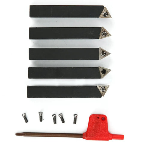 Five Piece Three Eighths Inch Indexable Turning Tool Set With Cemented Carbide And Nickel Coating For Beefy High Temp Machining On Lathes