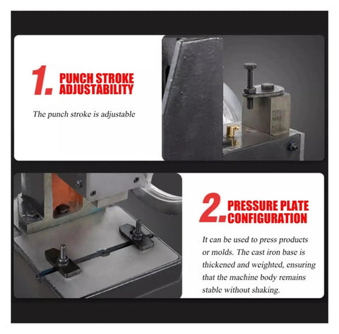 Heavy Duty Cast Iron Manual Arbor Press Workhorse For Precision Punching Riveting Stamping With Adjustable Handwheel Design showing adjustable punch stroke and pressure plate configuration.