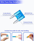 Premium Mini Blade Fuse Assortment 120 Piece Kit 2A To 35A Amps close-up of blue mini fuse details and fuse puller for easy handling.