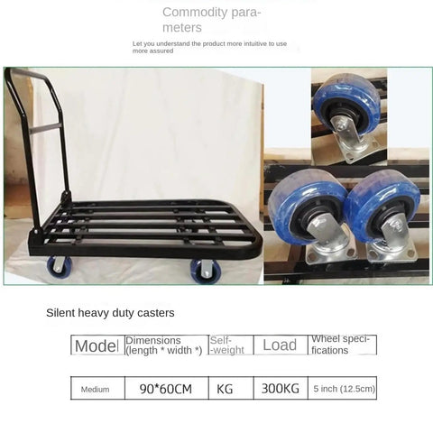 Beefy Heavy Duty Platform Truck Cart With Flatbed Rugged Steel Powder Coated Finish Easy Assembly Built For Moving Heavy Loads In Garages Workshops And Warehouses, 90x60 cm, 300 kg, blue casters