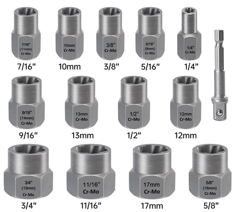 49 Piece Screw And Bolt Extractor Set With Left Hand Drill Bits For Damaged Bolts And Stripped Screws sockets and adapters display