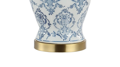 Blue And White Chinoiserie Ceramic Urn Table Lamp base with chinoiserie pattern and gold accent