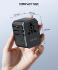 Hand holding GaN 45W Universal Travel Adapter With PD and QC Fast Charging, highlighting compact size with measurements.