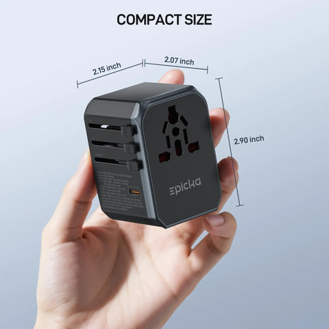Hand holding GaN 45W Universal Travel Adapter With PD and QC Fast Charging, highlighting compact size with measurements.