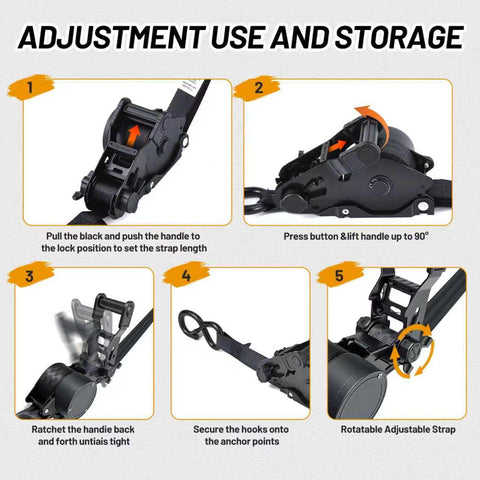 Adjustment steps for Heavy Duty Auto Retracting Tie Down Straps With Soft Loops, 1 Inch By 12 Feet, 1800 Pound Load Capacity.