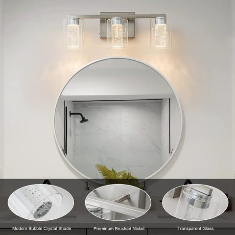 Three Light Brushed Nickel Vanity Light With Three Color Modes 3000K 4000K 6500K Eye Protection LED Bathroom Fixture over round mirror