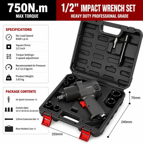 Professional Grade Half Inch Air Impact Wrench Boasting Dual Hammer Action And Stepless Speed Trigger Delivers Badass Heavy Duty Torque For Fastener Removal Jobs in blow molded case.