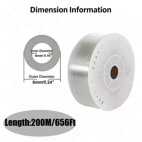 Heavy Duty Polyurethane Air Hose 0.24 Inch OD X 0.16 Inch ID shown with dimensions, 200M length for garage applications.