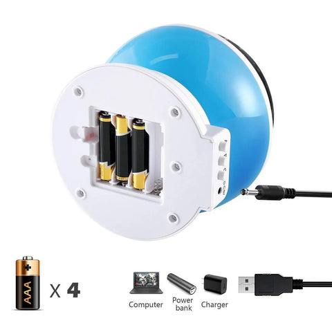 Back view of Moon And Star Night Light Projector with battery slot, USB connection, and power options displayed below.