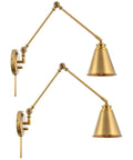 Ellis 18 Inch Two Pack Modern Gold Swing Arm Wall Sconces With Cone Shades Adjustable Heads 2 In 1 Plug In Or Hardwired Vintage Library Style Warm Brass Finish