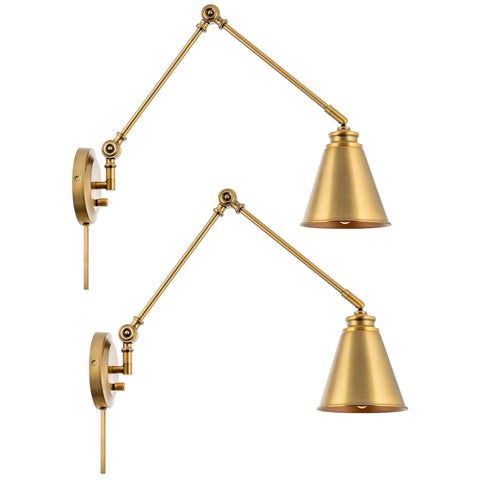 Ellis 18 Inch Two Pack Modern Gold Swing Arm Wall Sconces With Cone Shades Adjustable Heads 2 In 1 Plug In Or Hardwired Vintage Library Style Warm Brass Finish