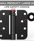 Self Closing 4 Inch Spring Loaded Door Hinge With Adjustable Tension Five Eighths Radius Corners Fits Front Or Back Doors Left Or Right Hand UL Listed Gloss Black with close-up detail of tension adjustment.