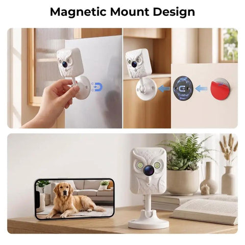 Crisp 2K Indoor Security Camera With Dual Band WiFi And Full Color Night Vision attached to a fridge with a dog visible on a smartphone.