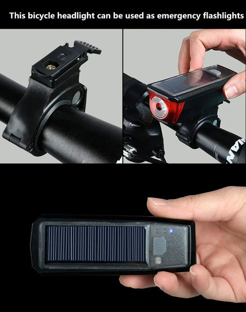 Solar Powered USB Rechargeable Bike Front Light With 350 Lumens 5 Modes All Weather Waterproof Mountain Bike Headlamp Plus 120dB Electric Bell Horn For Road Cycling Safety Go To Gear