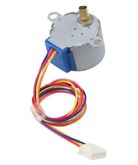 28BYJ-48 5V stepper motor, front view, blue housing, multicolor wires to white connector