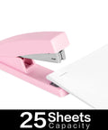 Pink Office Desktop Stapler With 25 Sheet Capacity and Holds Up To 120 Staples positioned next to stacked papers