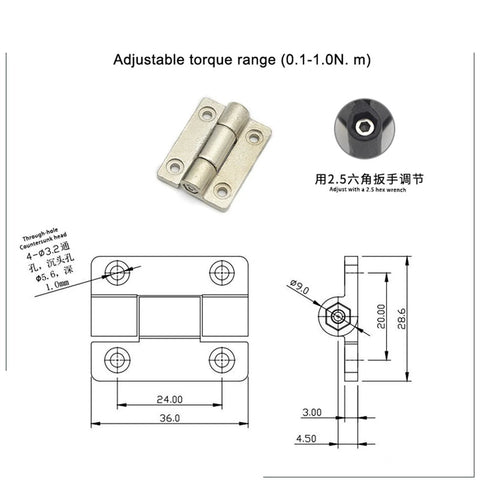 Zinc alloy torque hinge, nickel finish, 28.6×36 mm, adjustable torque 0.1–1.0 N·m, 1 pc