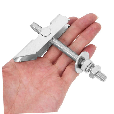 Hand holding galvanized toggle bolt from 12 Piece Heavy Duty Drywall Anchors And Toggle Bolts Kit For Steel Walls And Metal Surfaces