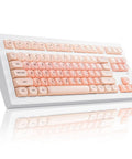 Clean 80 Percent Wireless Mechanical Keyboard In Soft Pink Creamy Build featuring Jelly Moa Profile Transparent Keycaps viewed from angle with reflection.
