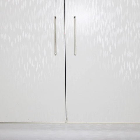 Six Pack Stainless Steel Cabinet Hardware Arched Drawer Pulls 128mm Hole Centers installed on white cabinet doors
