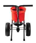 Back view of Walk Behind Broadcast Fertilizer And Seed Spreader With 90 Pound Capacity And 23 Liter Hopper, All Terrain 12.5 Inch Tires