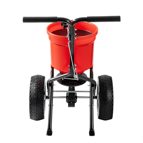 Back view of Walk Behind Broadcast Fertilizer And Seed Spreader With 90 Pound Capacity And 23 Liter Hopper, All Terrain 12.5 Inch Tires