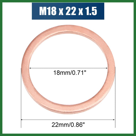 Tough As Nails Copper Flat Washers Metric M18 X 22Mm X 1.5Mm Sealing Rings Heavy Duty Bolt Spacers for plumbing repairs showing dimensions.