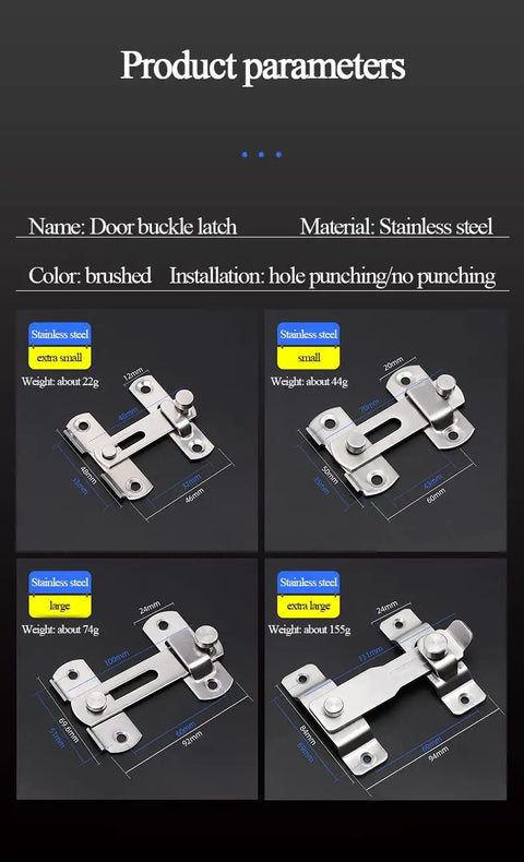 Lock Down Your Rig With This Stainless Steel Slide Bolt Door Lock Offering 90 Degree Rotation Ideal For Gates Sheds Windows And Cabinets Plus Heavy Duty Rust Resistant Design showing various sizes and weights of door buckle latches in brushed stainless steel.
