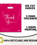 Pink Die Cut Shopping Bags With Handles For Small Biz Packaging 9x12 Inches Bulk 100 Pack Thick 2.36 Mil Recyclable Plastic Merchandise Bags For Boutique Retail Wholesale