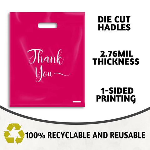 Pink Die Cut Shopping Bags With Handles For Small Biz Packaging 9x12 Inches Bulk 100 Pack Thick 2.36 Mil Recyclable Plastic Merchandise Bags For Boutique Retail Wholesale