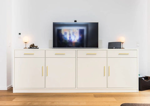 Solid Brushed Gold Square Cabinet Pulls Six Quarter Inches Center To Center 30 Pack Heavy Duty Drawer Handles For Kitchen Cabinets Wardrobes And Dressers Sweet Finishing Touch on white cabinet with TV.