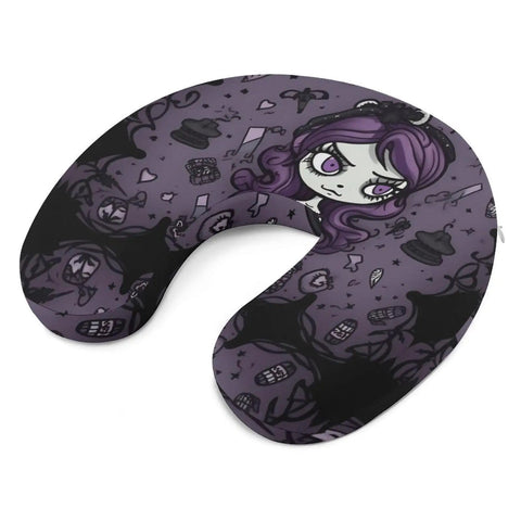 Purple Black Goth Spooky U Shaped Travel Pillow For Neck Support, Super Comfy Memory Foam Core, Portable Headrest design