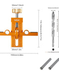 Cabinet Door Mounting Jig With Upgraded Dual Hole Locator, Aluminum Alloy Alignment Tool, dimensions displayed, drill bit included