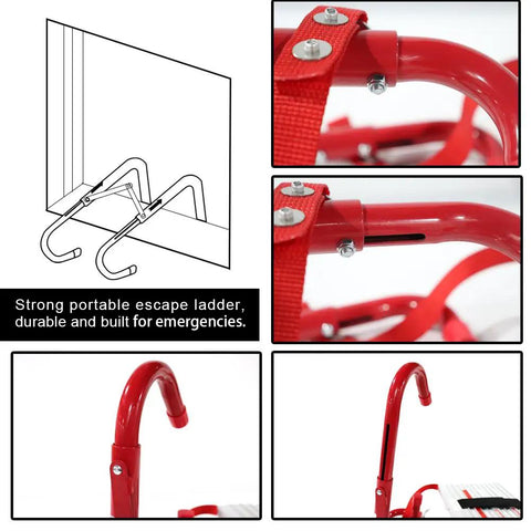 Fire Escape Ladder For Home Use 3 Story Emergency Portable Safety Ladder With Anti Slip Rungs And Wide Steps close-up of red hooks