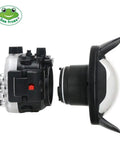 Underwater Housing For Sony ZV-E10 With Dome Port, Waterproof To 40 Meters 130 Feet, side view and dome port detached